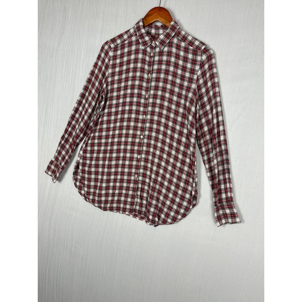 LOFT Button Down‎ Women Small Red Plaid Long Sleeve Rayon Classic Preppy Shirt